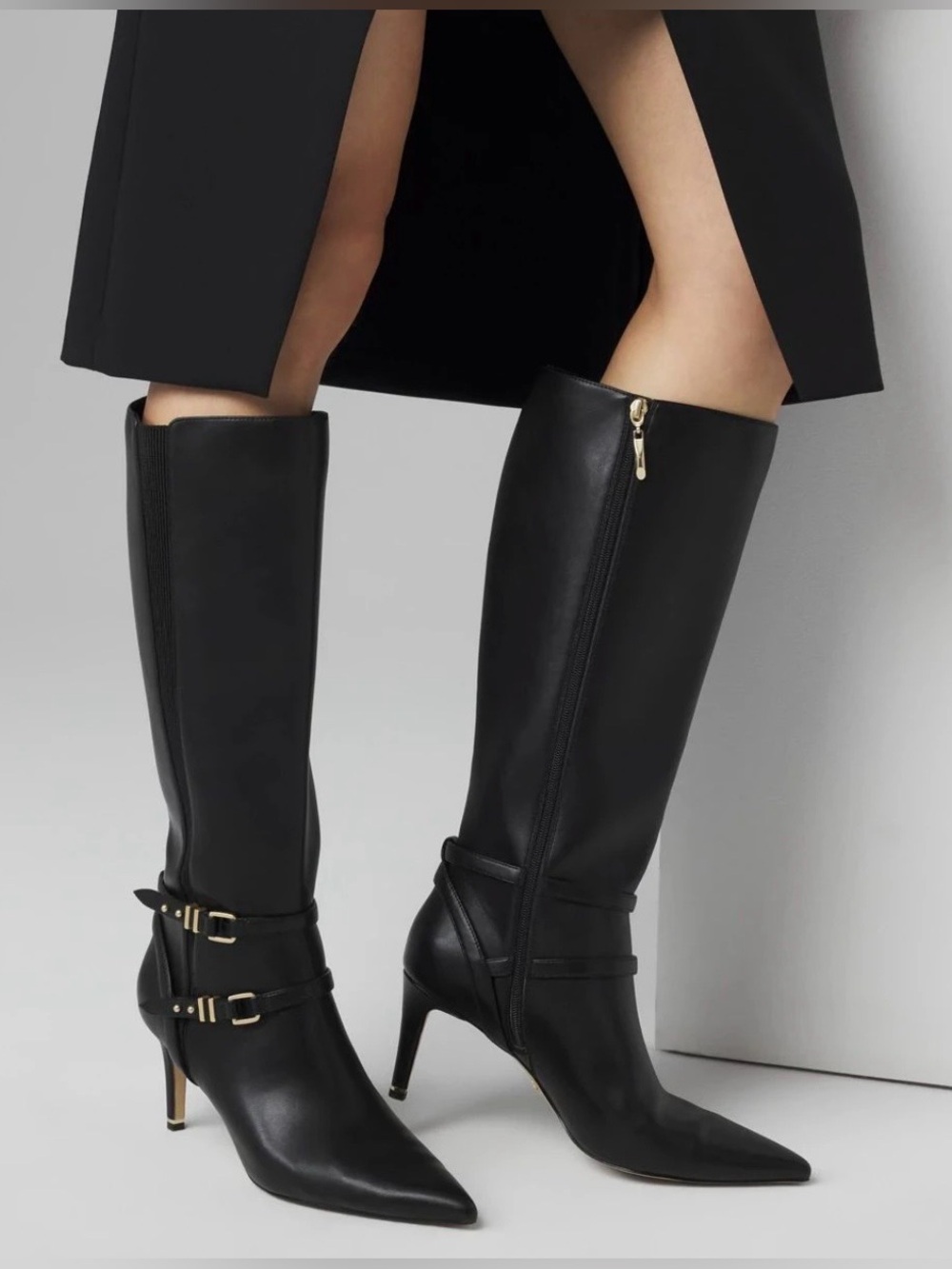 White House Black Market Nappa Black Knee-High Pointed-Toe Heeled Boots size 9